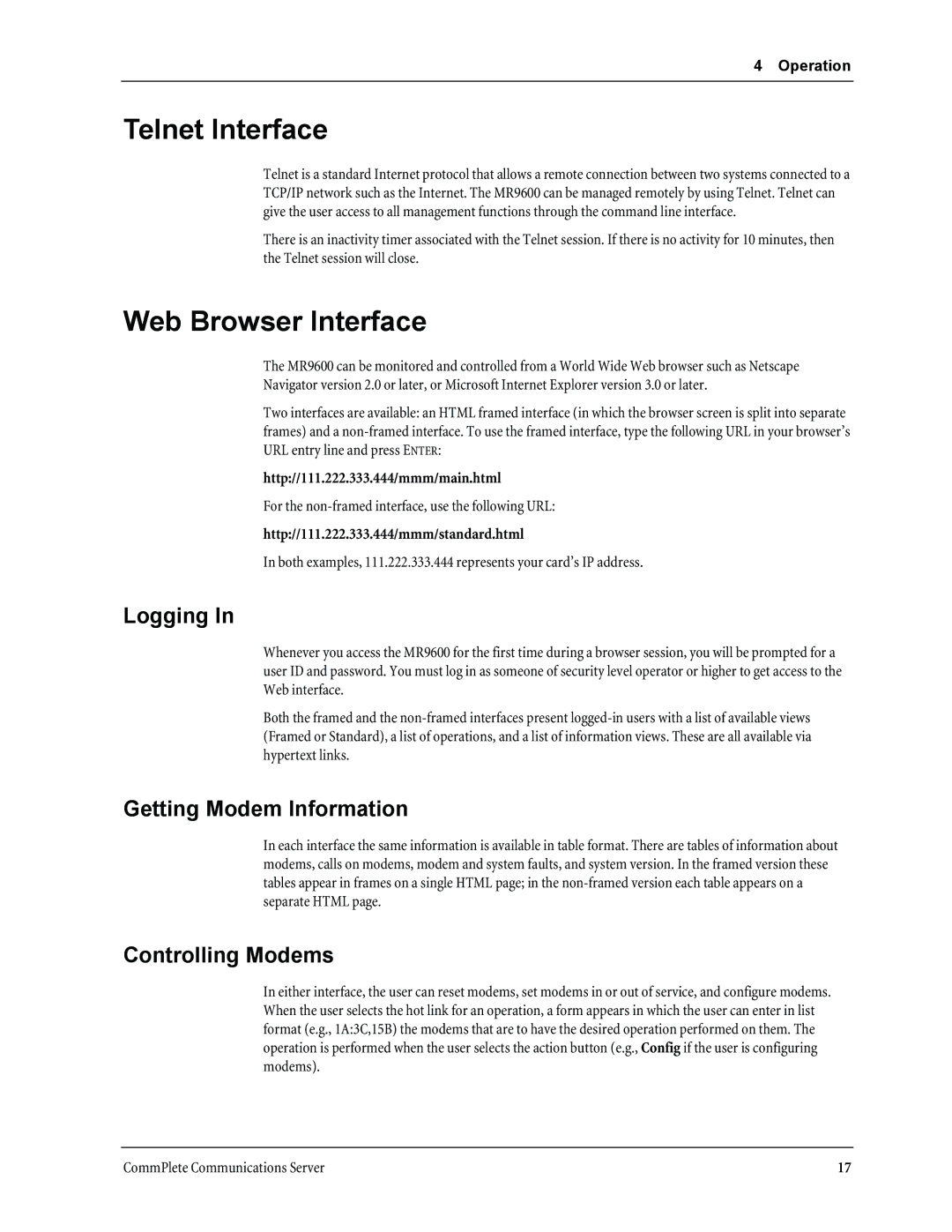 Multi-Tech Systems MR9600 Telnet Interface, Web Browser Interface, Logging, Getting Modem Information, Controlling Modems 