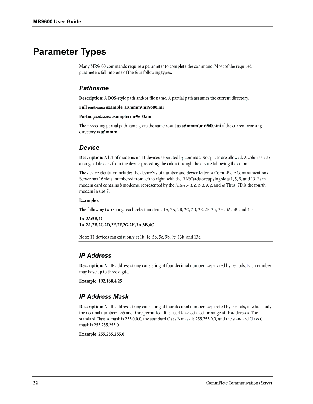 Multi-Tech Systems MR9600 manual Parameter Types, Examples 