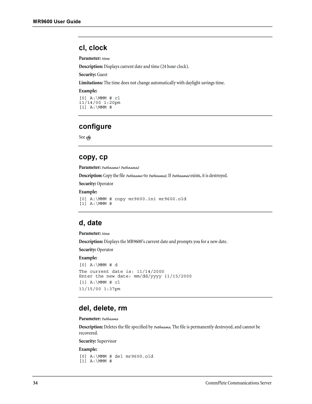 Multi-Tech Systems MR9600 manual Cl, clock, Configure, Copy, cp, Date, Del, delete, rm 