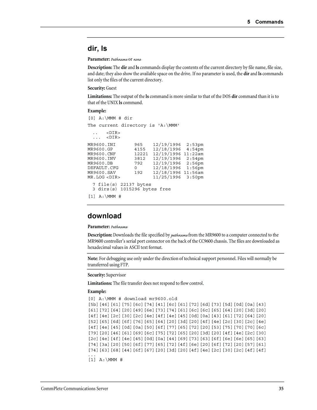 Multi-Tech Systems MR9600 manual Dir, ls, Download, Security Supervisor 