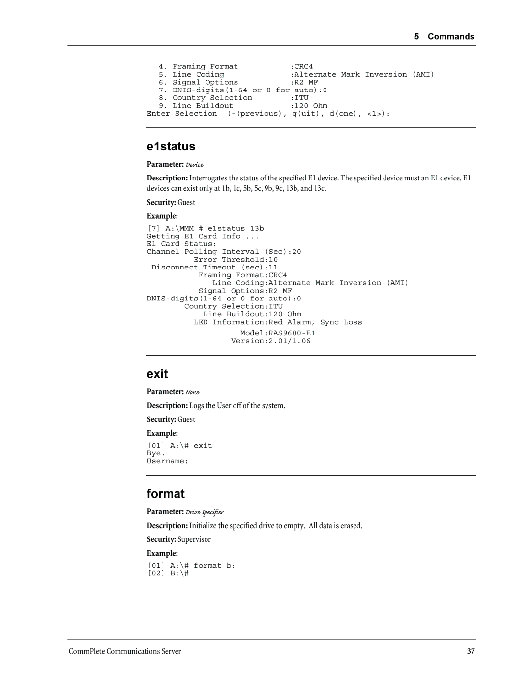 Multi-Tech Systems MR9600 manual E1status, Exit, Format 