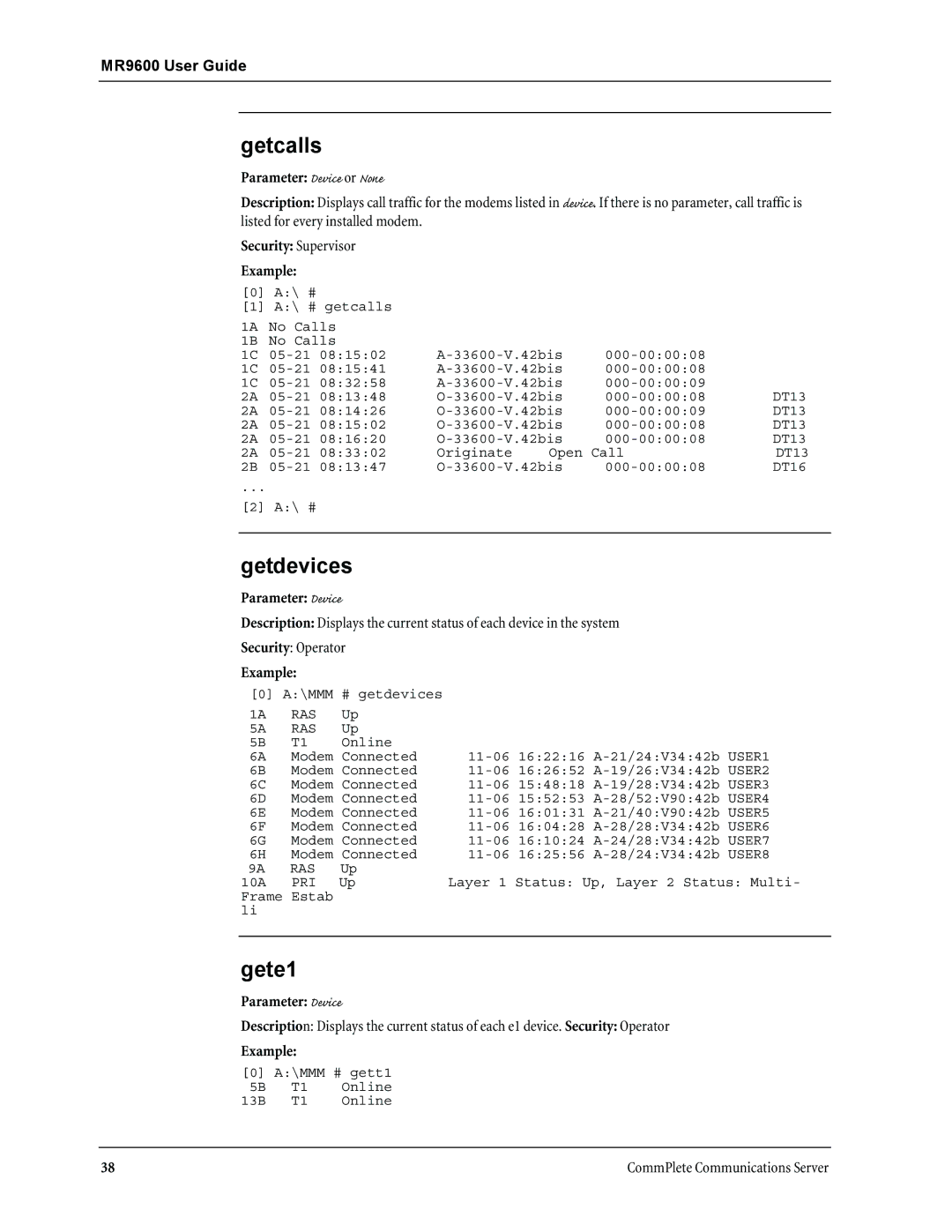 Multi-Tech Systems MR9600 manual Getcalls, Getdevices, Gete1 