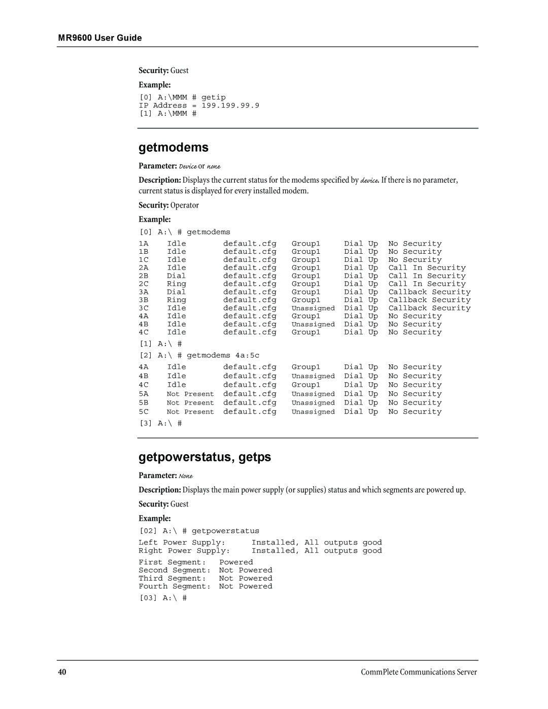 Multi-Tech Systems MR9600 manual Getmodems, Getpowerstatus, getps 