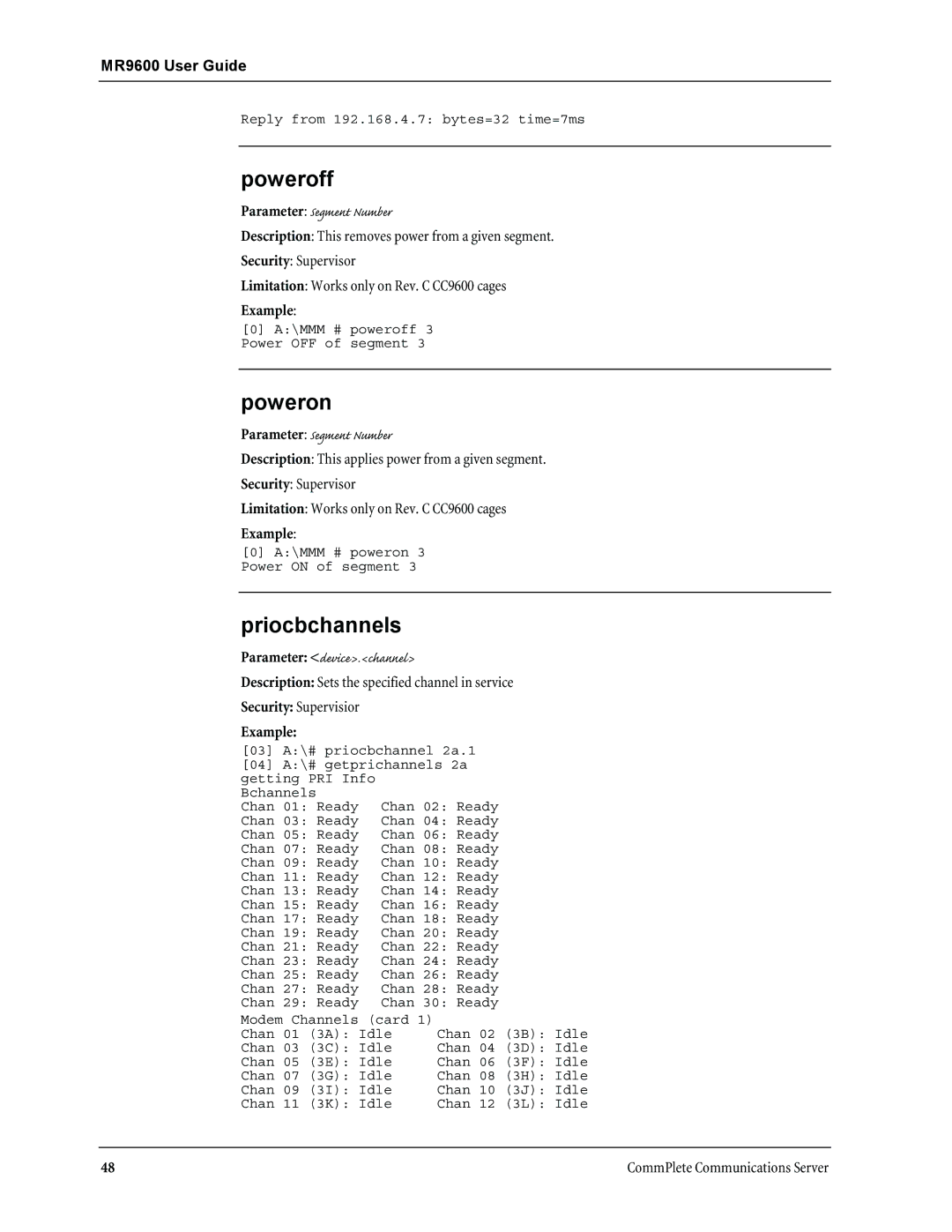 Multi-Tech Systems MR9600 manual Poweroff, Poweron, Priocbchannels 