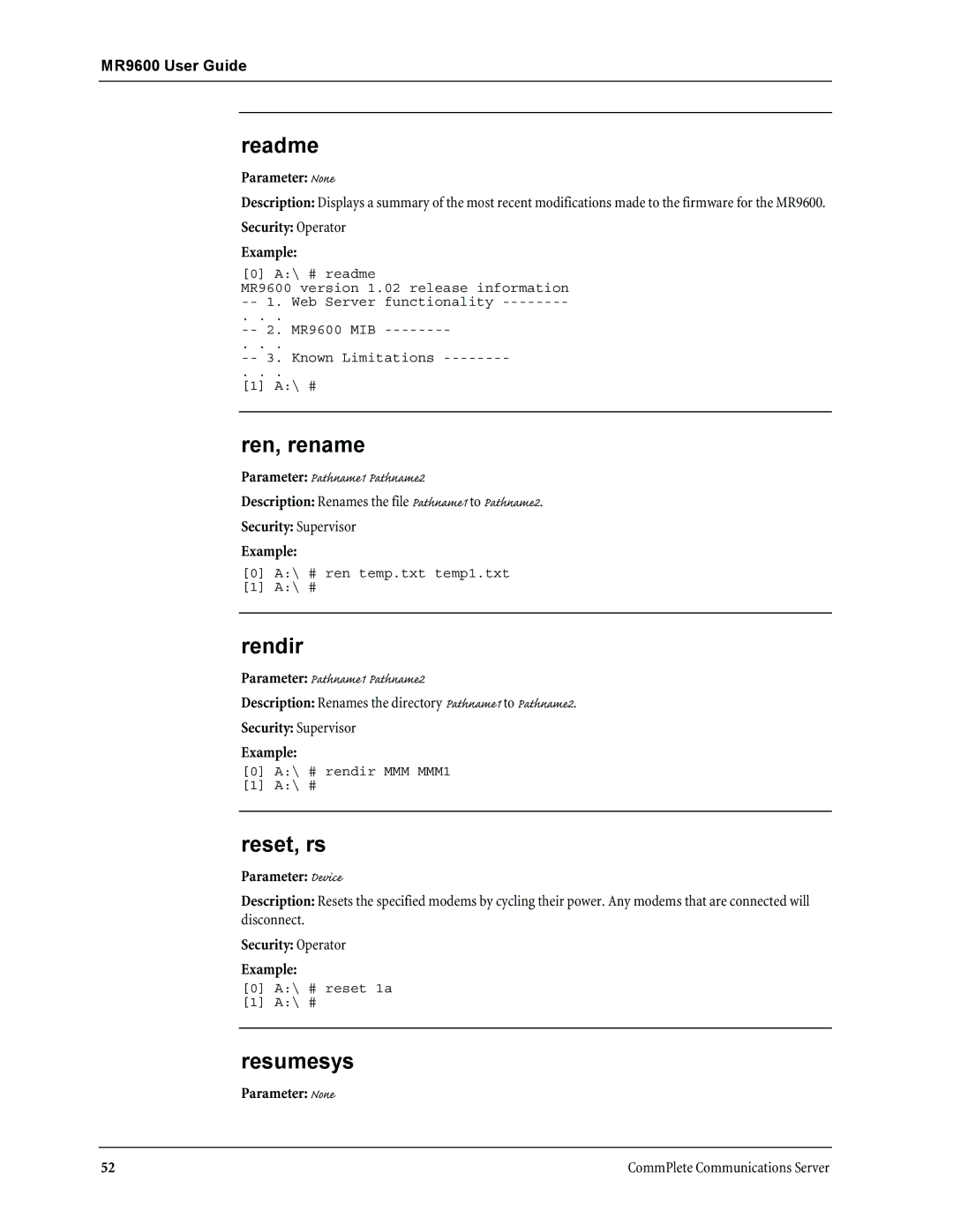 Multi-Tech Systems MR9600 manual Readme, Ren, rename, Rendir, Reset, rs, Resumesys 