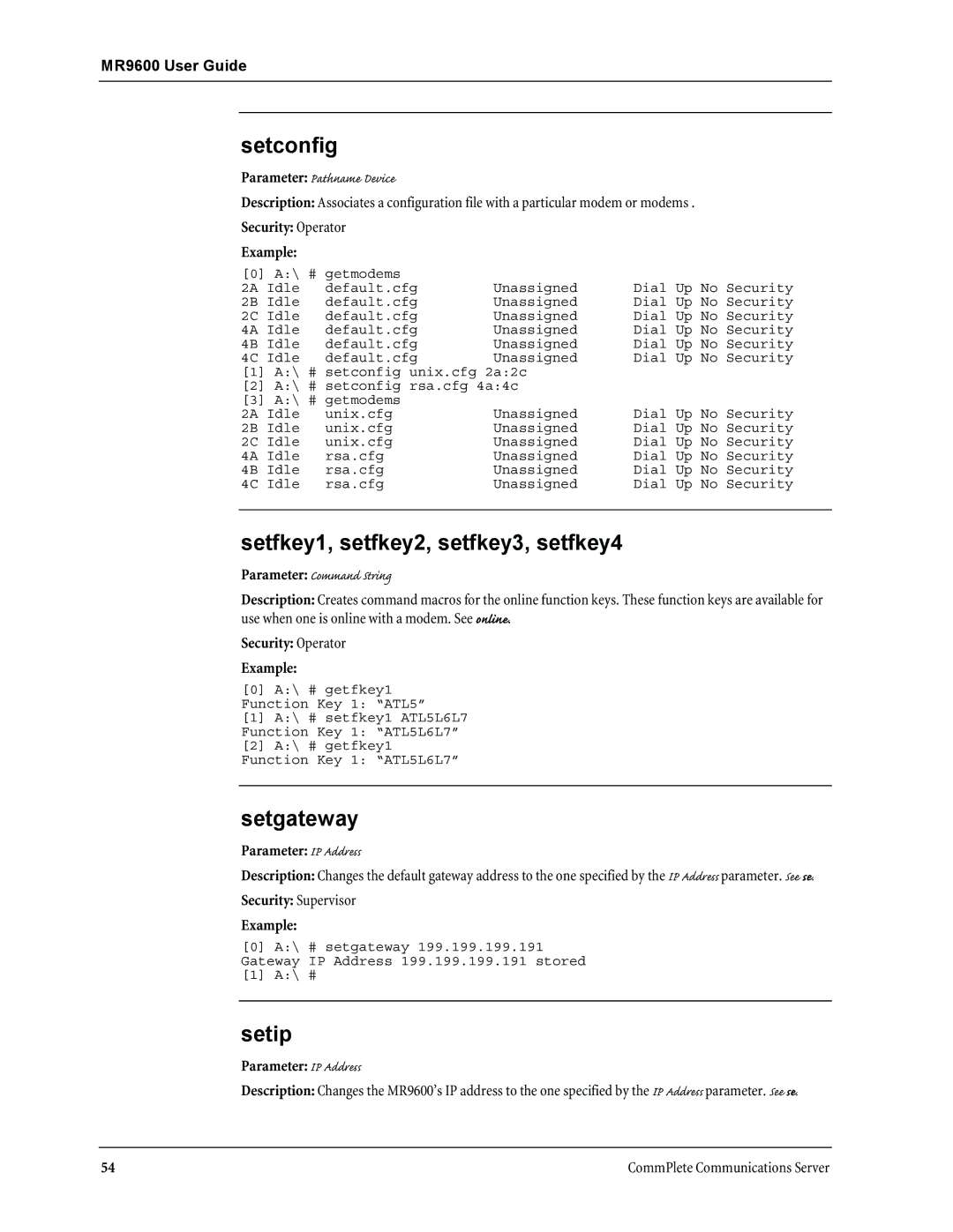 Multi-Tech Systems MR9600 manual Setconfig, Setfkey1, setfkey2, setfkey3, setfkey4, Setgateway, Setip, Parameter IP Address 