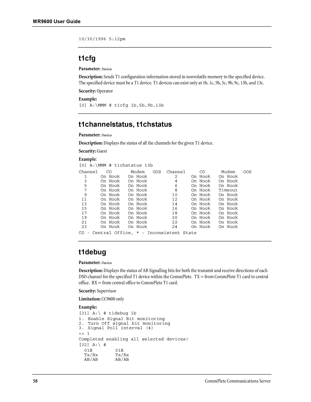 Multi-Tech Systems MR9600 T1cfg, T1channelstatus, t1chstatus, T1debug, Security Supervisor Limitation CC9600 only Example 