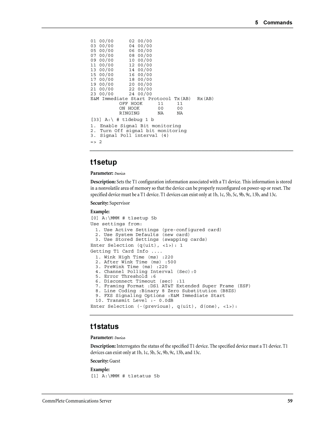 Multi-Tech Systems MR9600 manual T1setup, T1status 