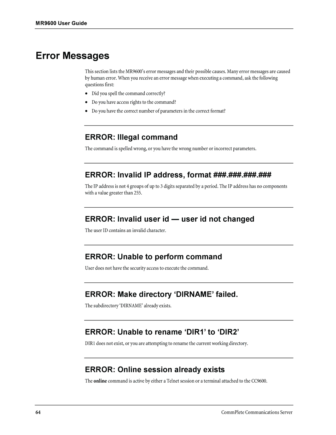 Multi-Tech Systems MR9600 manual Error Messages 