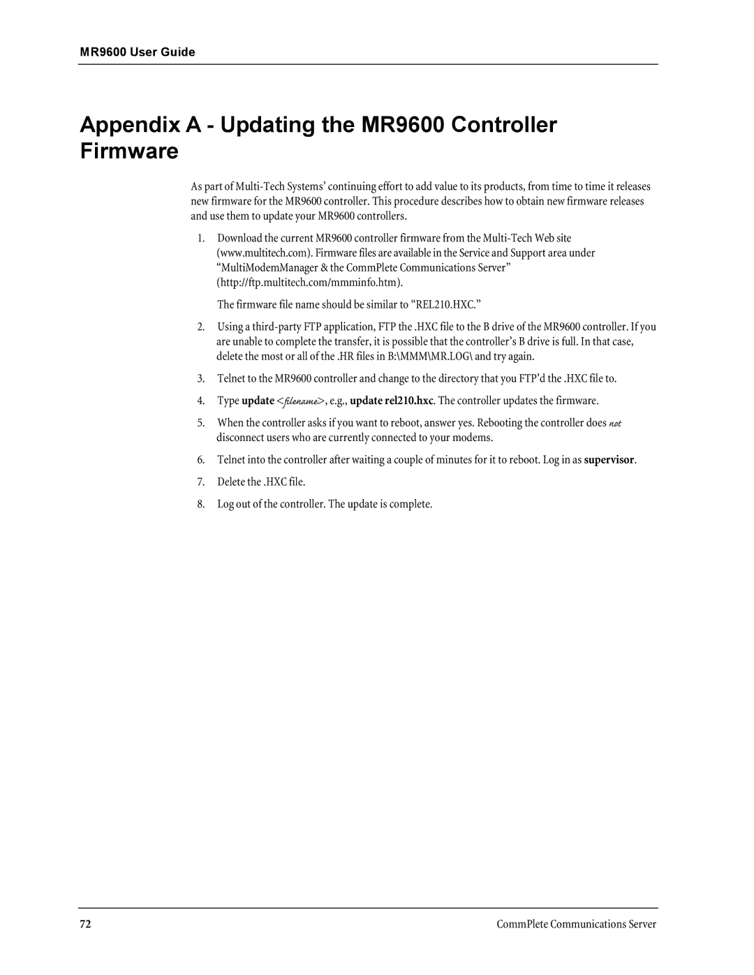 Multi-Tech Systems manual Appendix a Updating the MR9600 Controller Firmware 