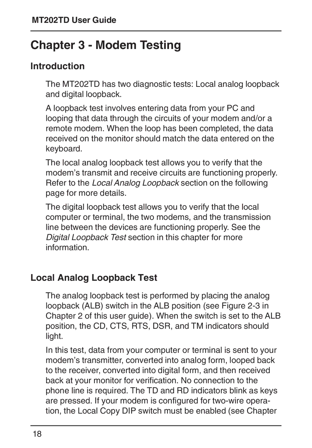 Multi-Tech Systems MT202TD 1200 manual Modem Testing, Local Analog Loopback Test 