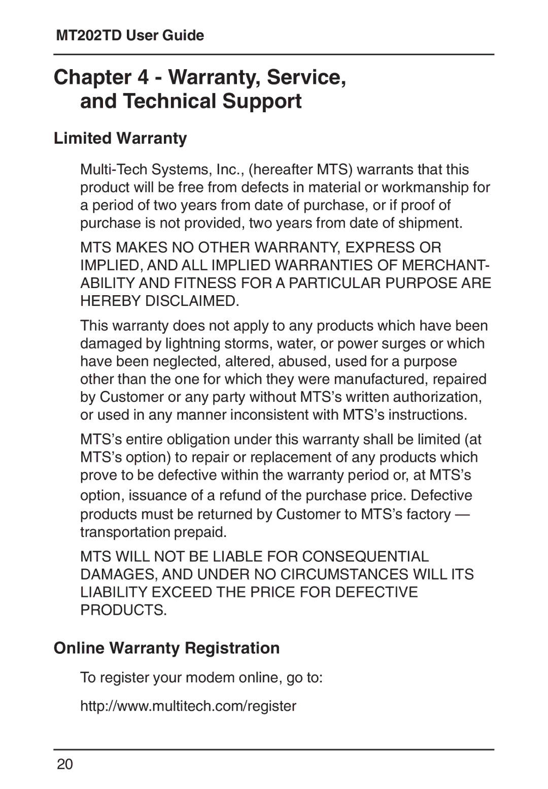 Multi-Tech Systems MT202TD 1200 manual Limited Warranty, Online Warranty Registration 