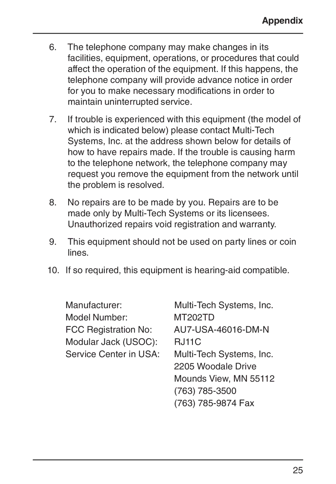 Multi-Tech Systems MT202TD 1200 manual RJ11C 