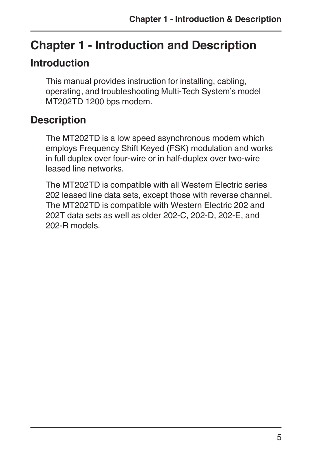 Multi-Tech Systems MT202TD 1200 manual Introduction and Description, Introduction & Description 