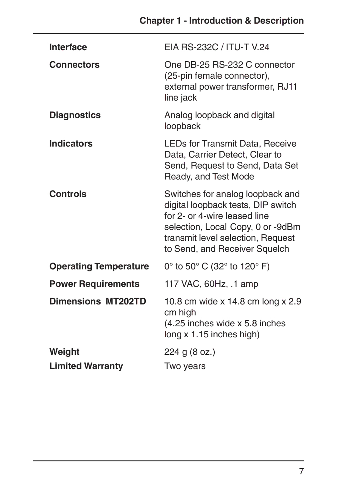 Multi-Tech Systems MT202TD 1200 Interface, Connectors, Diagnostics, Indicators, Controls, Operating Temperature, Weight 