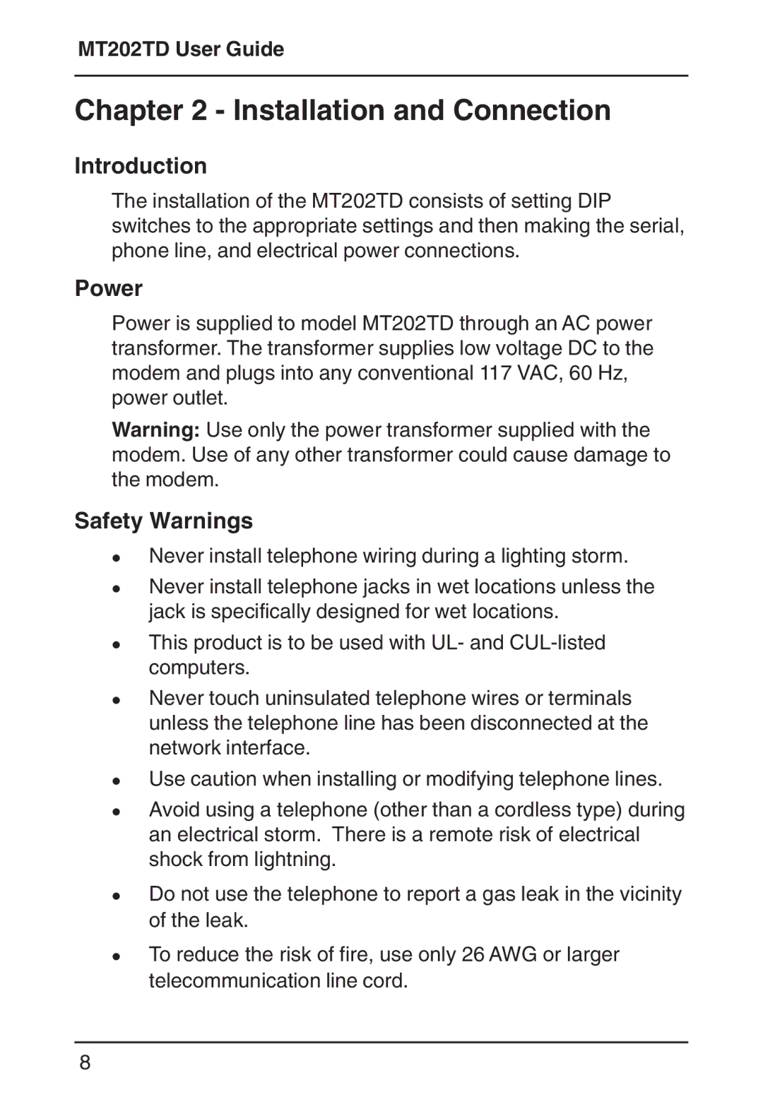 Multi-Tech Systems MT202TD 1200 manual Installation and Connection, Introduction, Power, Safety Warnings 