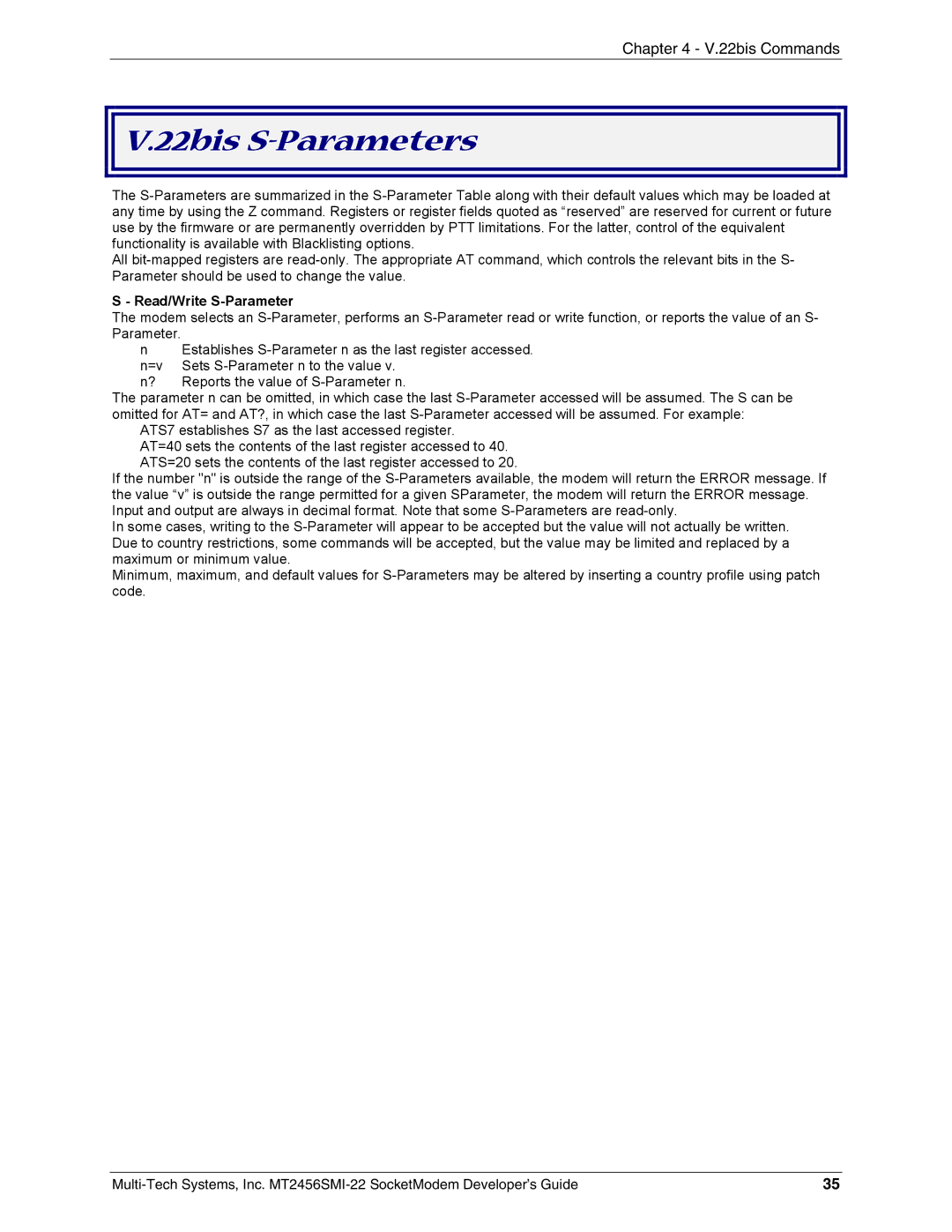 Multi-Tech Systems MT2456SMI22 manual 22bis S-Parameters, Read/Write S-Parameter 