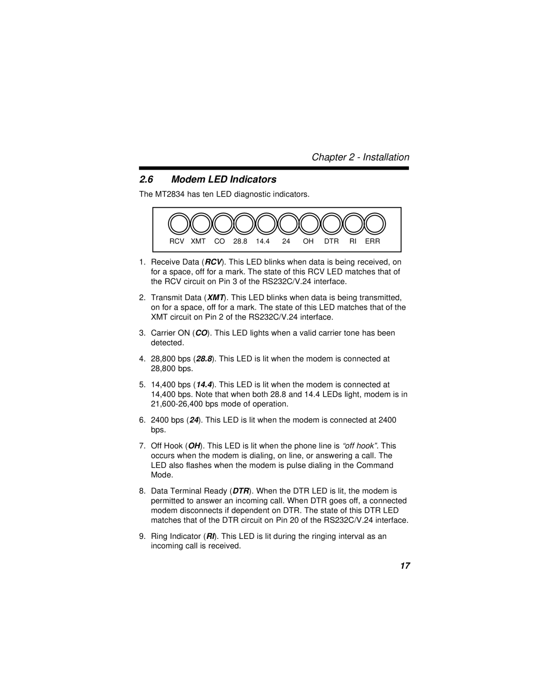 Multi-Tech Systems MT2834BR, MT2834BLR manual Modem LED Indicators 