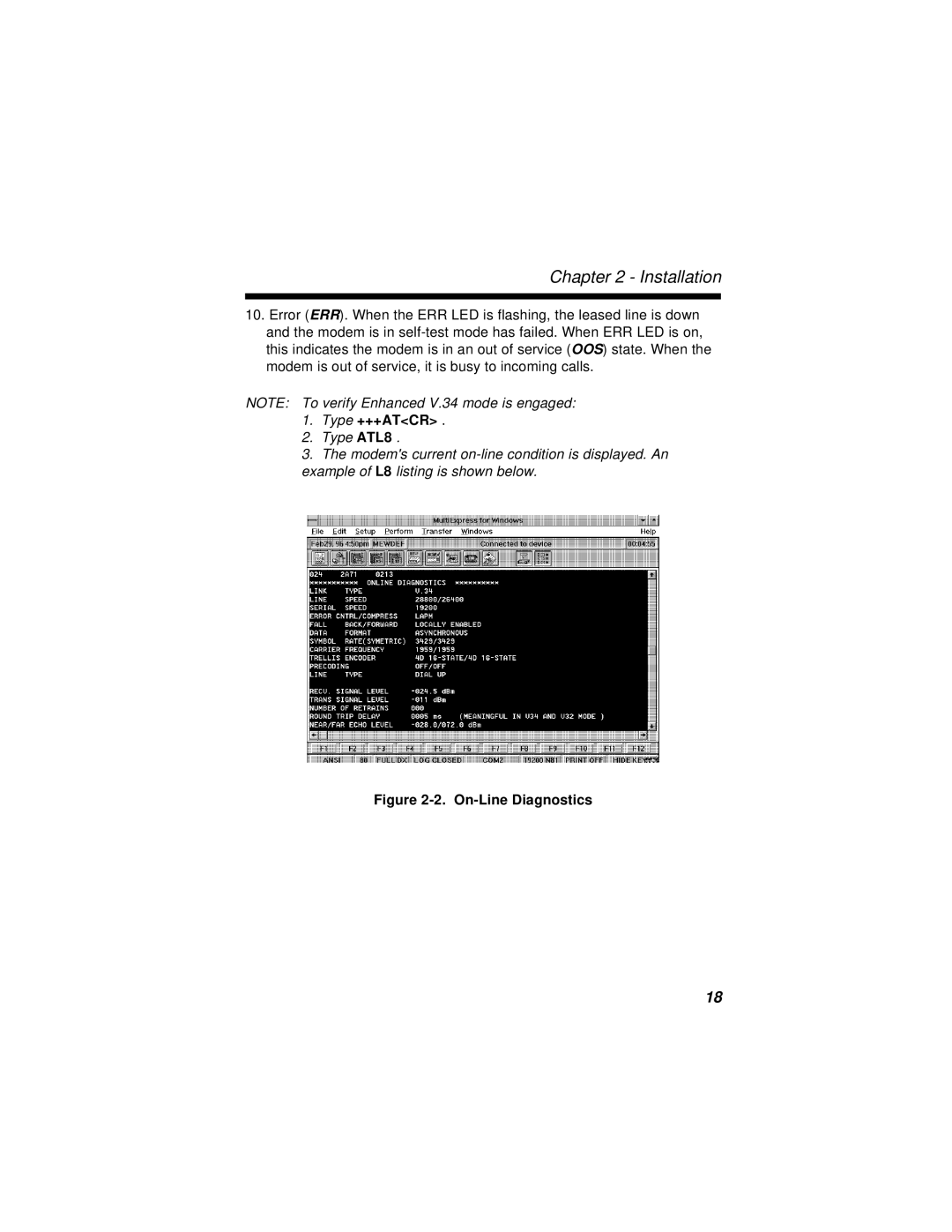 Multi-Tech Systems MT2834BLR, MT2834BR manual On-Line Diagnostics 