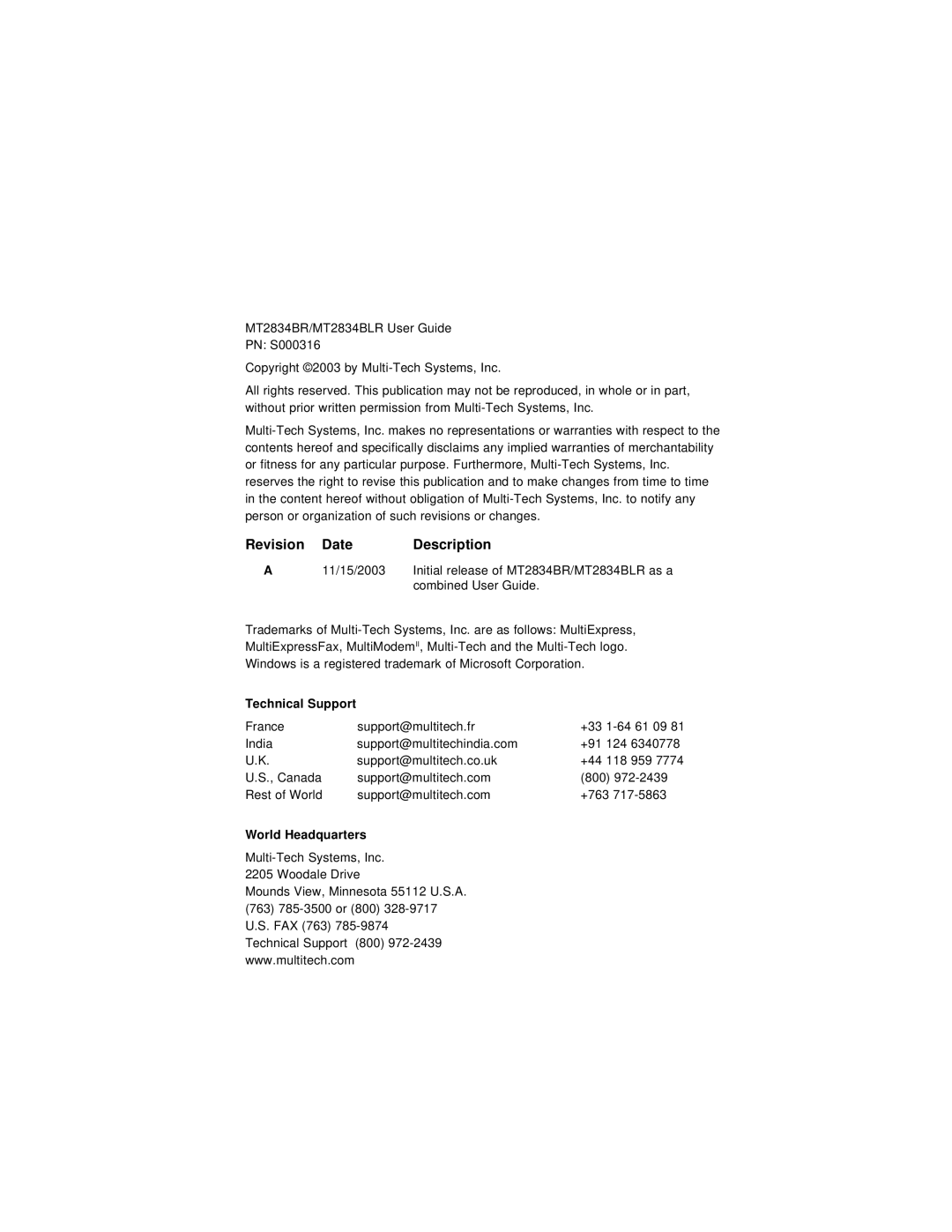 Multi-Tech Systems MT2834BLR, MT2834BR manual Revision Date Description 