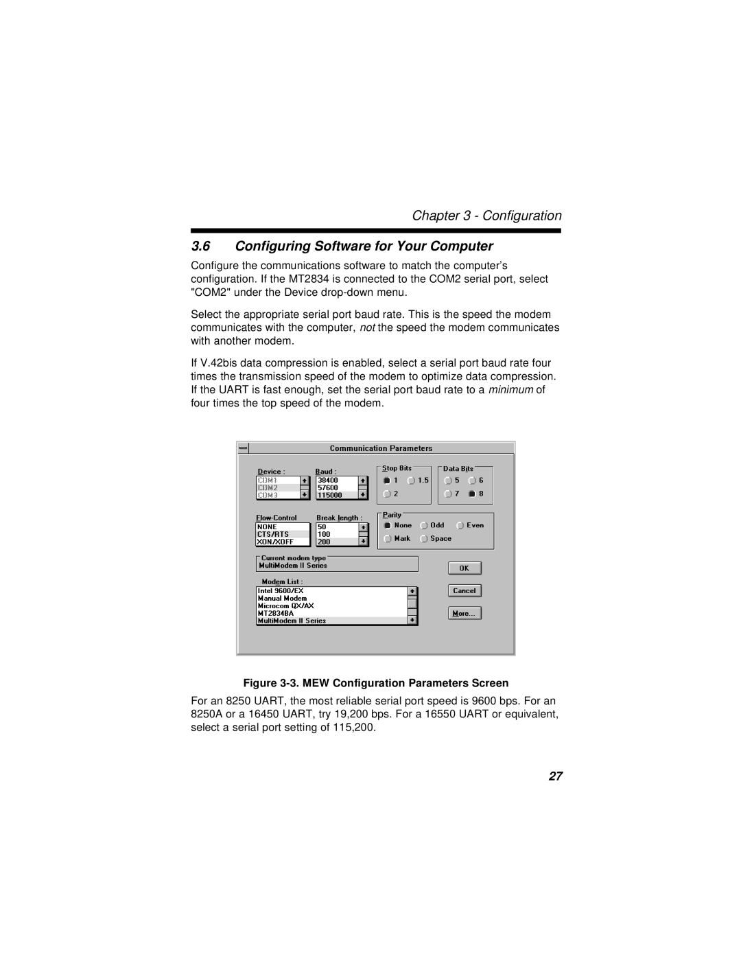 Multi-Tech Systems MT2834BR, MT2834BLR manual Configuring Software for Your Computer, MEW Configuration Parameters Screen 