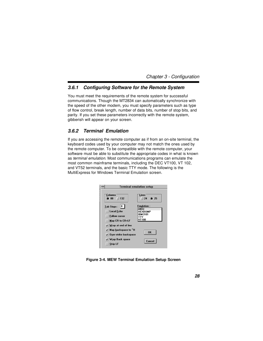 Multi-Tech Systems MT2834BLR, MT2834BR manual Configuring Software for the Remote System, Terminal Emulation 