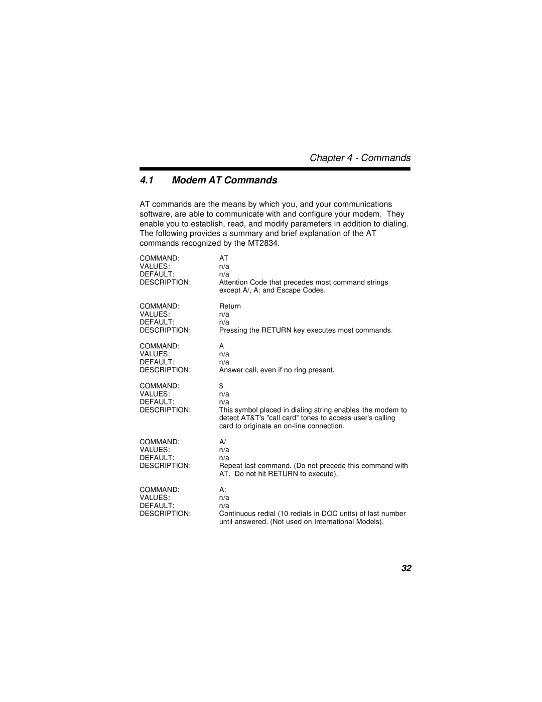 Multi-Tech Systems MT2834BLR, MT2834BR manual Modem AT Commands 