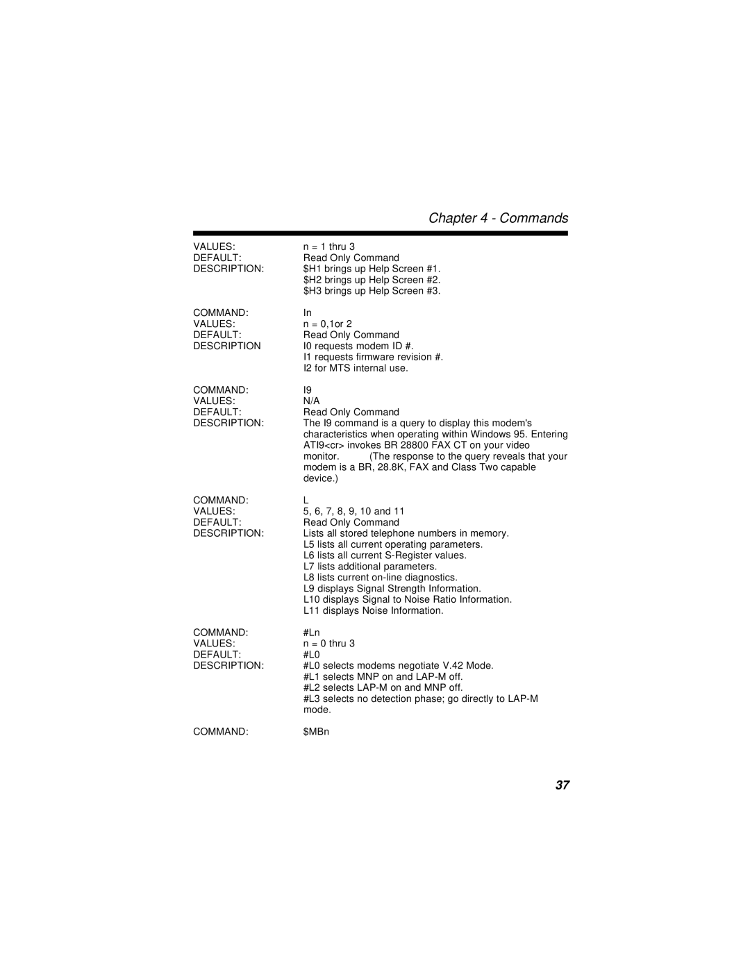 Multi-Tech Systems MT2834BR, MT2834BLR manual Command Values Default 