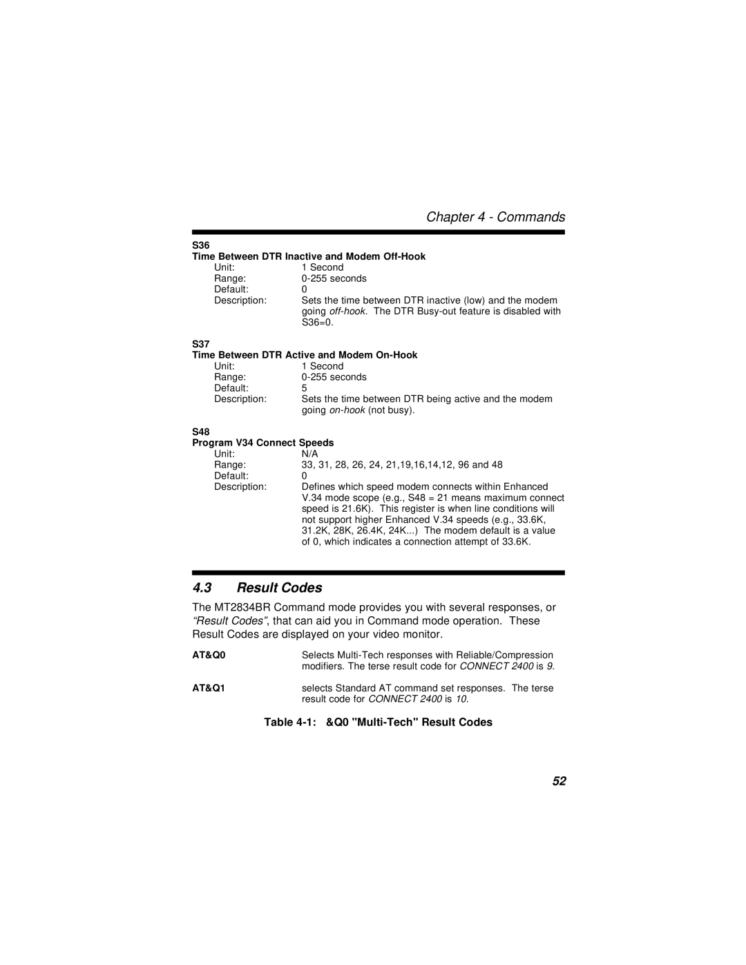 Multi-Tech Systems MT2834BLR, MT2834BR manual Result Codes, S36 Time Between DTR Inactive and Modem Off-Hook 