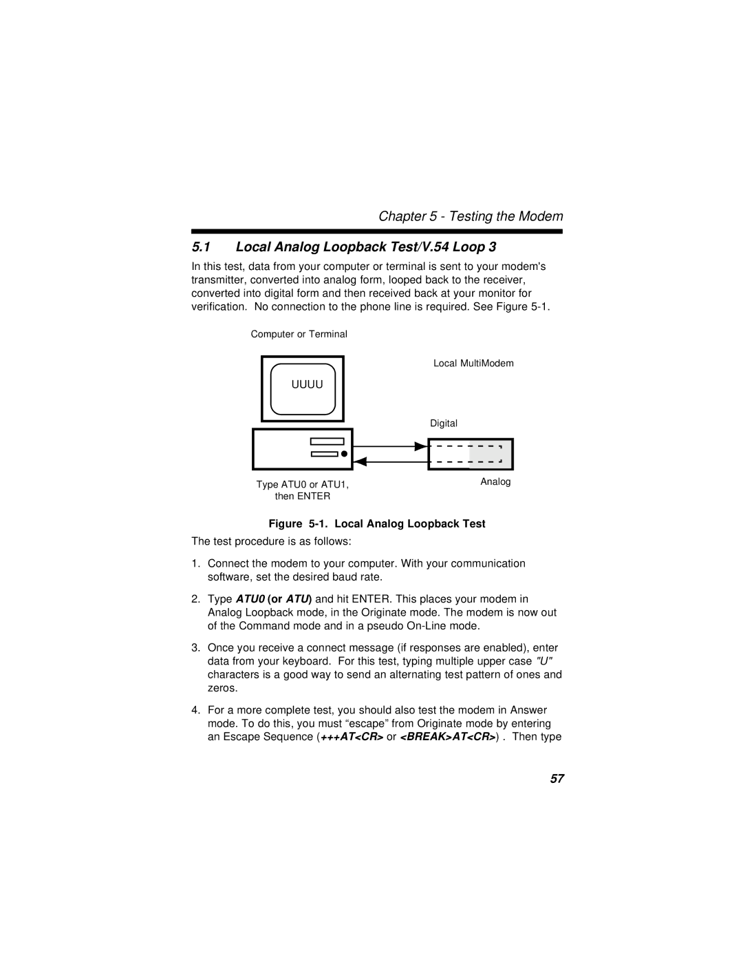 Multi-Tech Systems MT2834BR, MT2834BLR manual Local Analog Loopback Test/V.54 Loop, Uuuu 