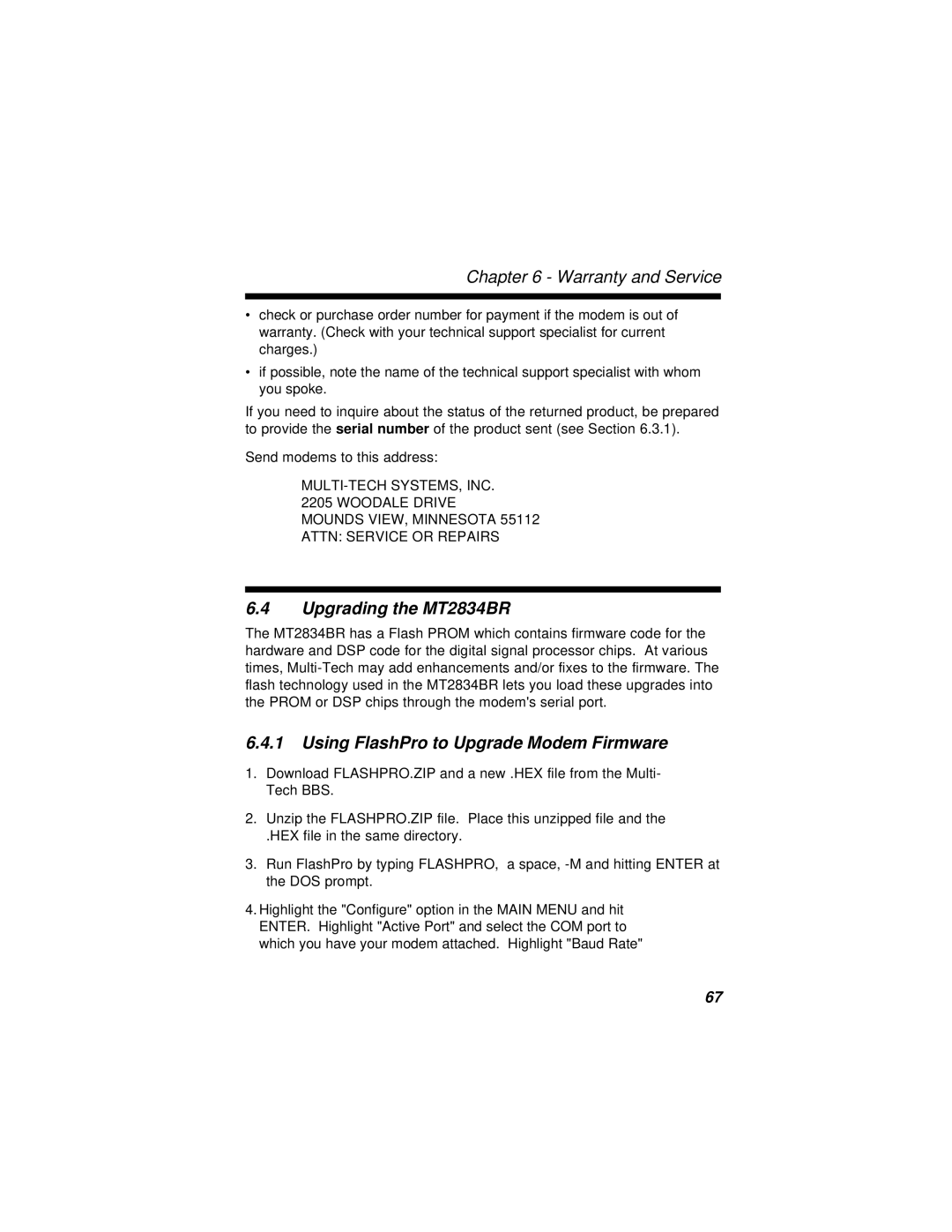 Multi-Tech Systems MT2834BLR manual Upgrading the MT2834BR, Using FlashPro to Upgrade Modem Firmware 