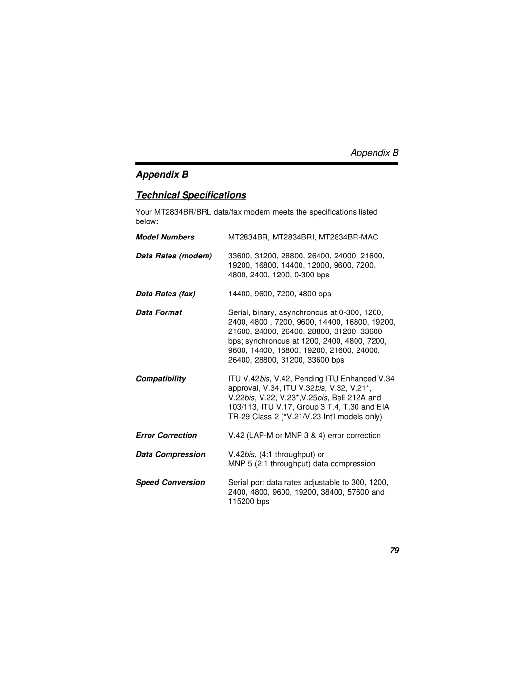 Multi-Tech Systems MT2834BR, MT2834BLR manual Appendix B Technical Specifications, Data Rates modem 