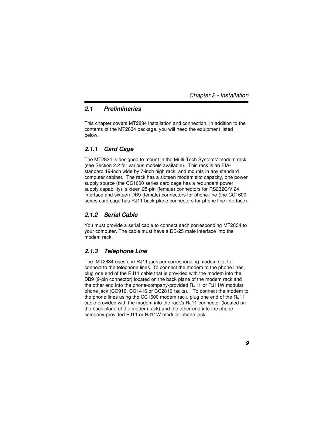 Multi-Tech Systems MT2834BR, MT2834BLR manual Preliminaries, Card Cage, Serial Cable, Telephone Line 