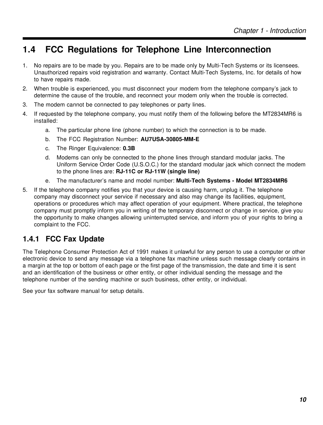 Multi-Tech Systems MT2834MR6 manual FCC Regulations for Telephone Line Interconnection, FCC Fax Update 