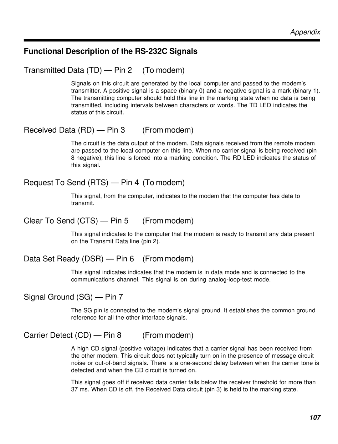 Multi-Tech Systems MT2834MR6 manual Functional Description of the RS-232C Signals, Transmitted Data TD Pin 2 To modem 