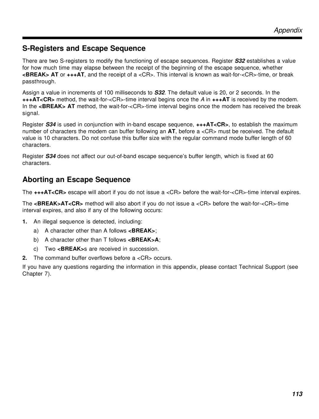 Multi-Tech Systems MT2834MR6 manual Registers and Escape Sequence, Aborting an Escape Sequence 