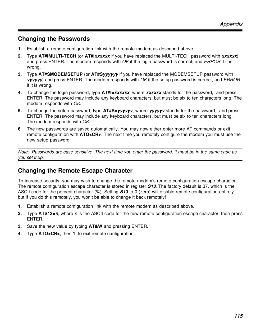 Multi-Tech Systems MT2834MR6 manual Changing the Passwords, Changing the Remote Escape Character 