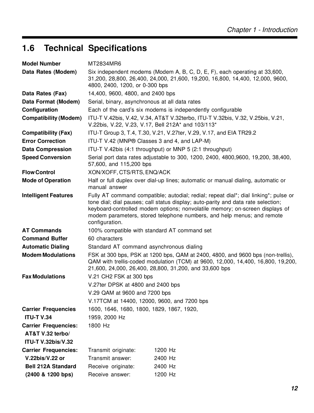 Multi-Tech Systems MT2834MR6 manual Technical Specifications 