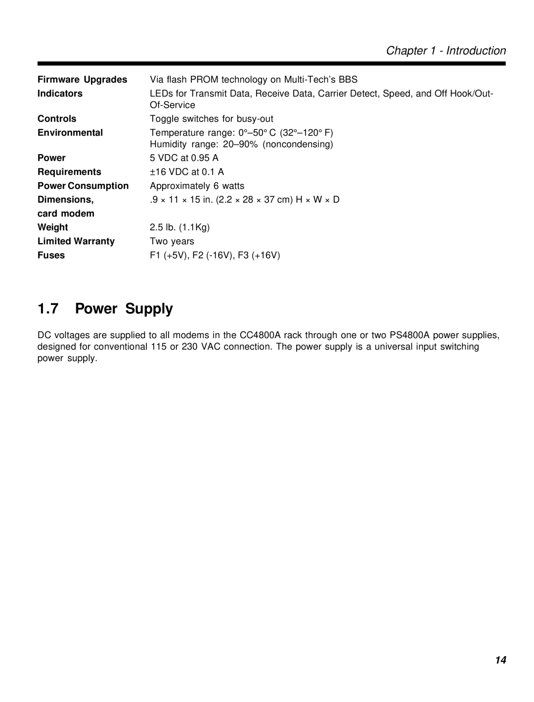 Multi-Tech Systems MT2834MR6 manual Power Supply 