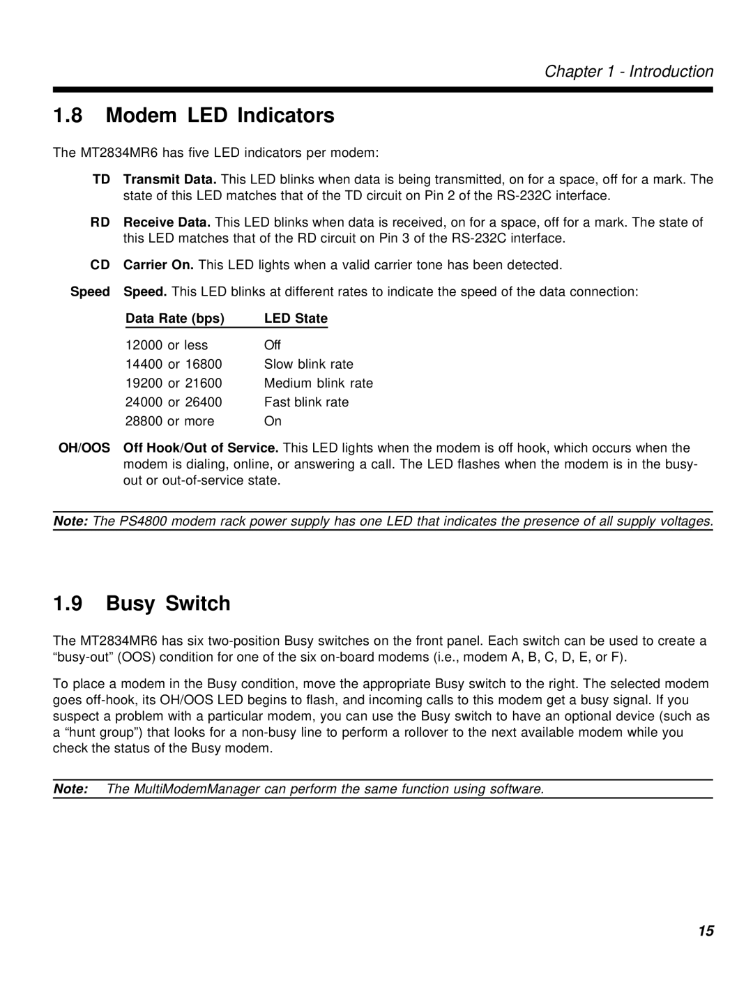 Multi-Tech Systems MT2834MR6 manual Modem LED Indicators, Busy Switch, Speed, Data Rate bps LED State 