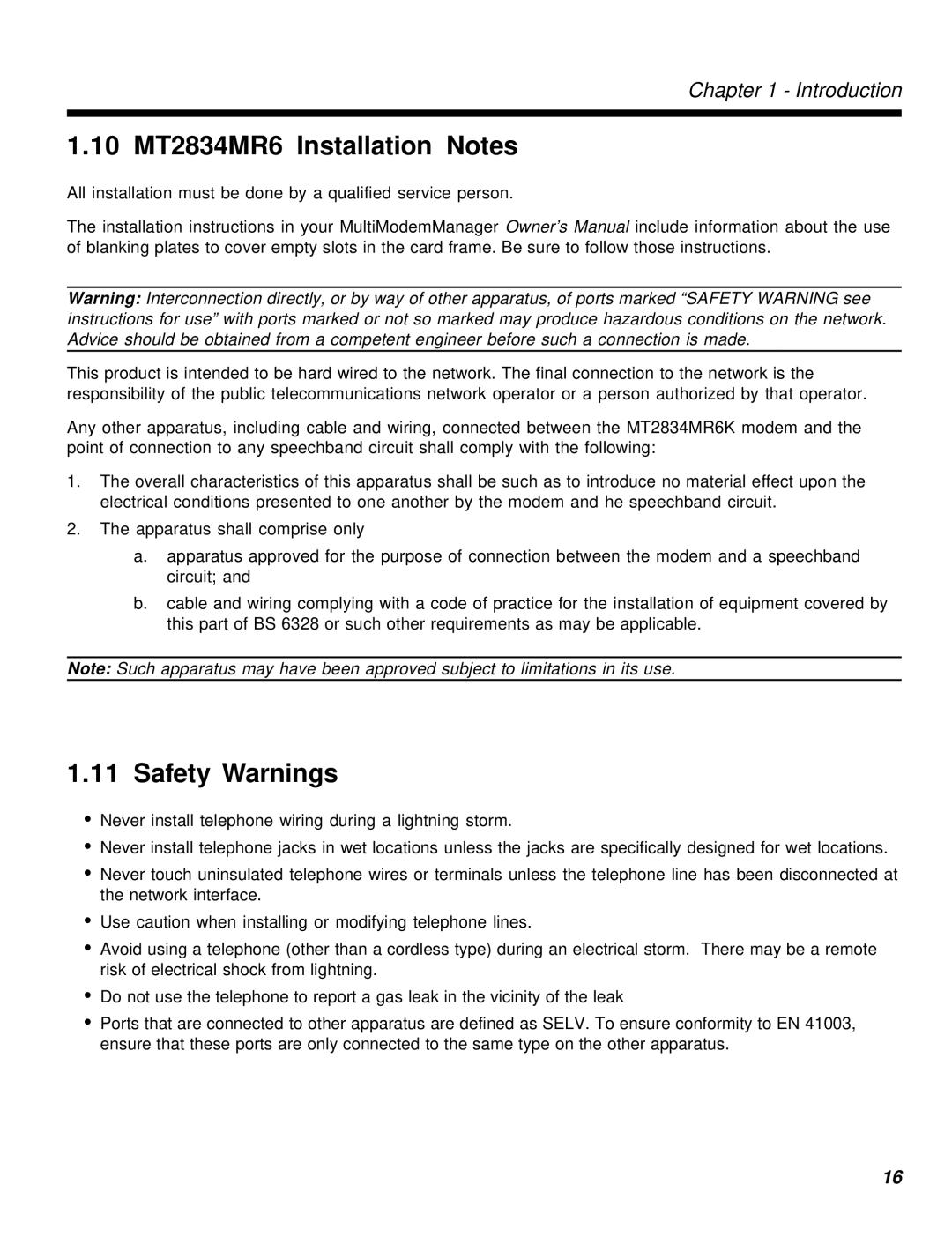 Multi-Tech Systems manual 10 MT2834MR6 Installation Notes, Safety Warnings 