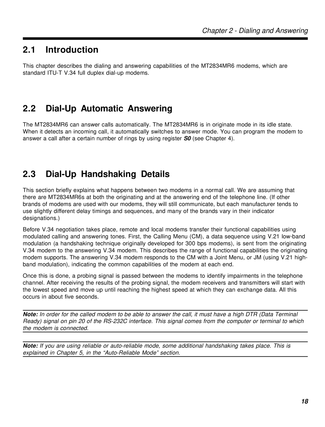 Multi-Tech Systems MT2834MR6 manual Dial-Up Automatic Answering, Dial-Up Handshaking Details 