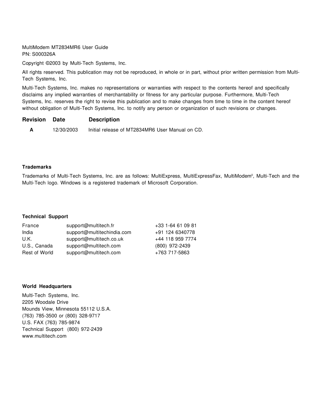 Multi-Tech Systems MT2834MR6 manual Revision Date Description, Trademarks 