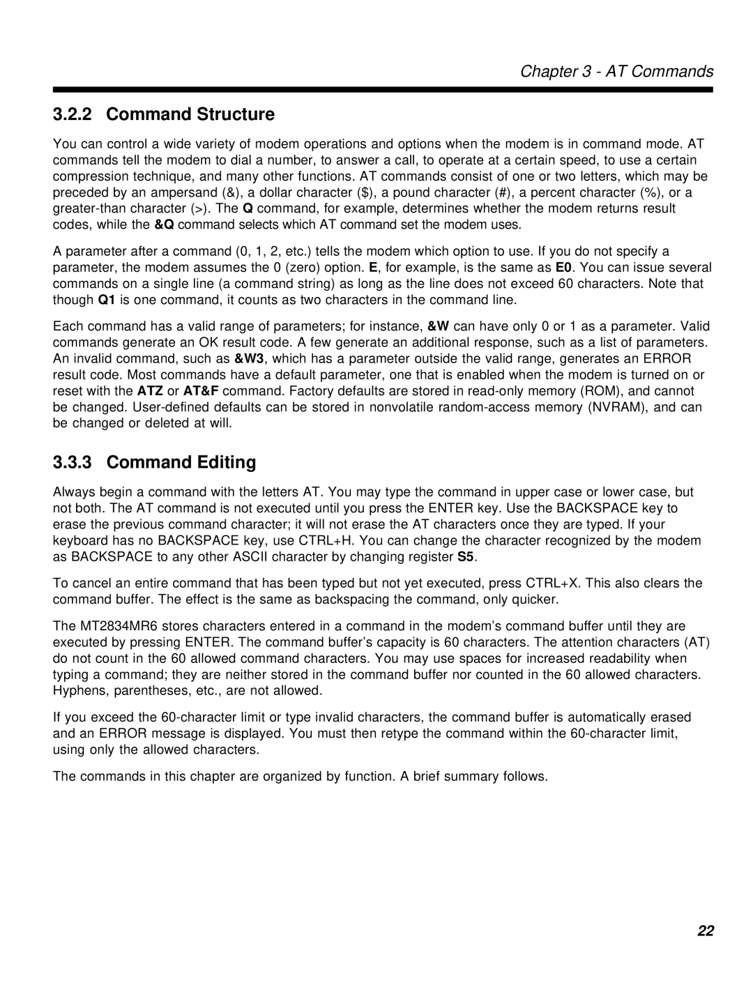 Multi-Tech Systems MT2834MR6 manual Command Structure, Command Editing 