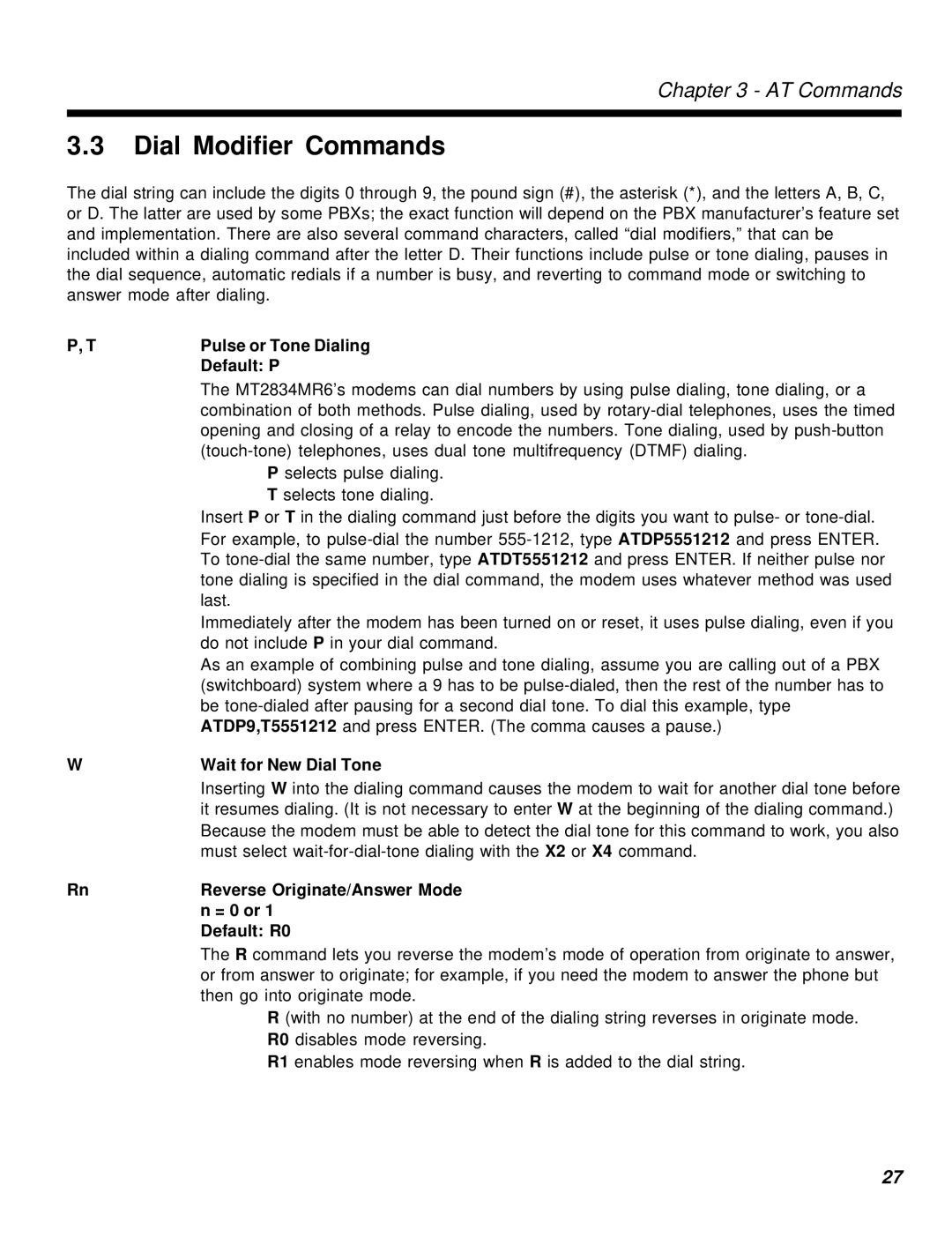 Multi-Tech Systems MT2834MR6 manual Dial Modifier Commands, Pulse or Tone Dialing, Default P, Default R0 
