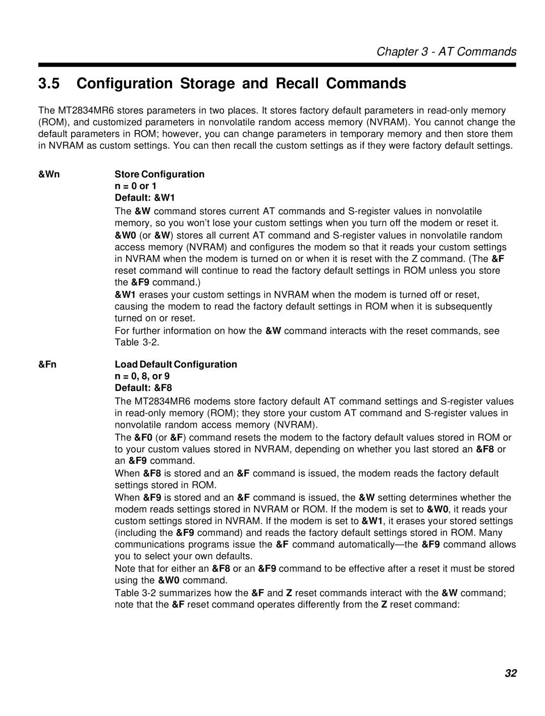 Multi-Tech Systems MT2834MR6 manual Configuration Storage and Recall Commands, Default &W1, = 0, 8, or, Default &F8 