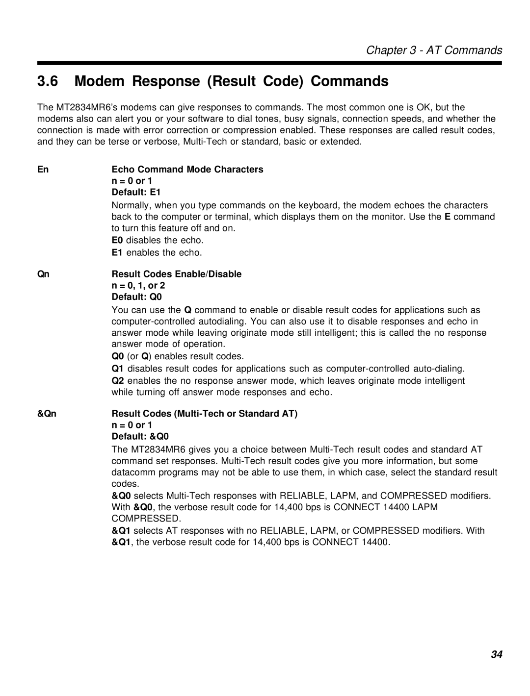 Multi-Tech Systems MT2834MR6 manual Modem Response Result Code Commands 