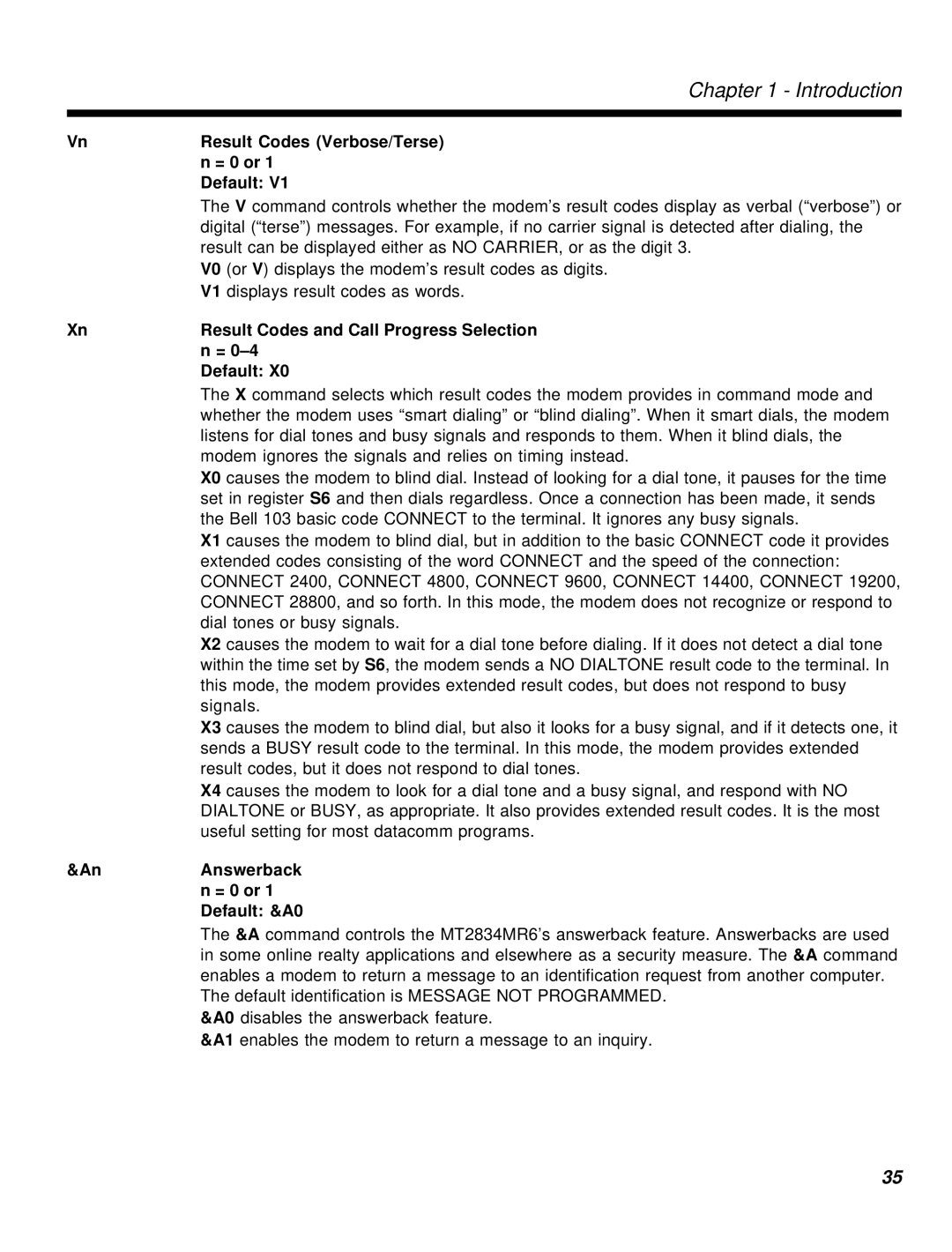 Multi-Tech Systems MT2834MR6 manual Result Codes and Call Progress Selection, Default &A0 