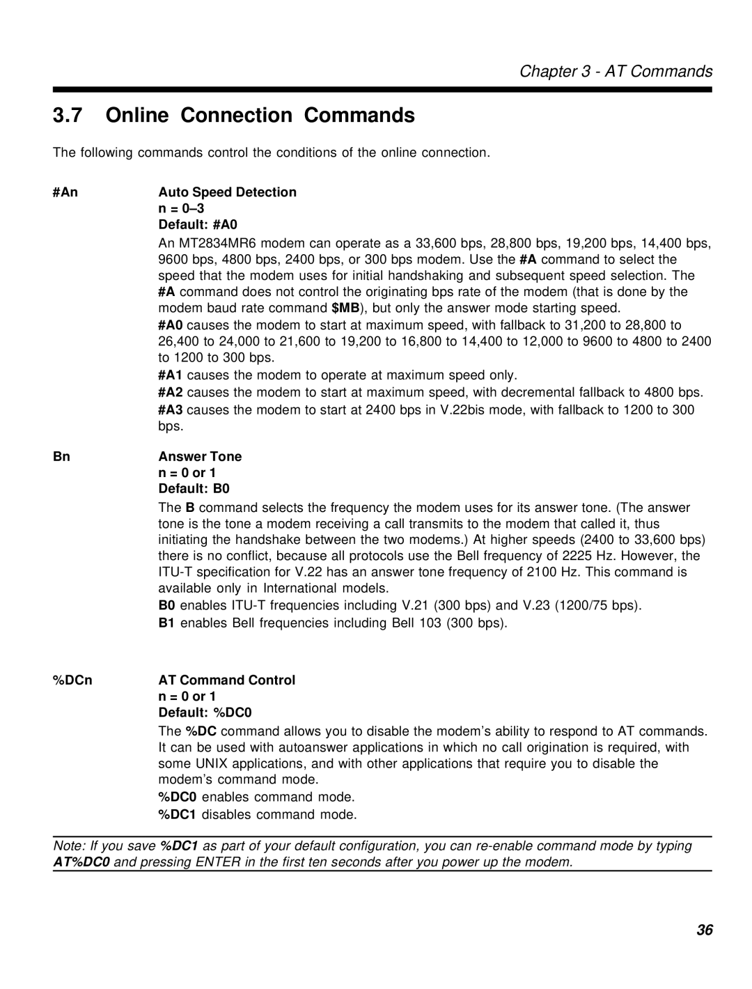 Multi-Tech Systems MT2834MR6 manual Online Connection Commands, #An Auto Speed Detection Default #A0, Default B0 