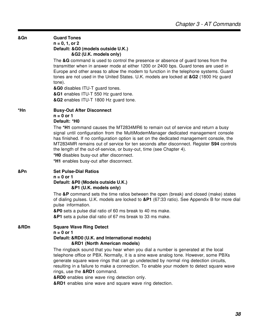 Multi-Tech Systems MT2834MR6 manual Default &G0 models outside U.K, G2 U.K. models only, Default *H0, Set Pulse-Dial Ratios 